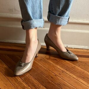 Vtg Ferragamo for Saks Fifth Ave Suede & Leather Taupe Embellished Pumps Sz 10 B